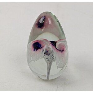 GES Glass Eye Studio 1992 White Floral Lily Egg Shaped Paperweight 2.75" Signed